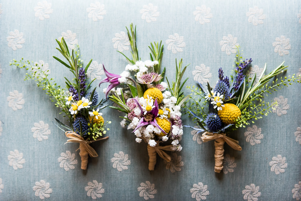 Wildflower Buttonhole Rosemary Thistle Inkersall Grange Farm Wedding Jessica Grace Photography