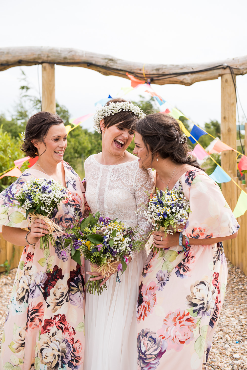 Bride Bridal Long Sleeve Lace Dress Lace Floral ASOS Bridesmaids Gypsophila Crown Wildflower Bouquet Inkersall Grange Farm Wedding Jessica Grace Photography