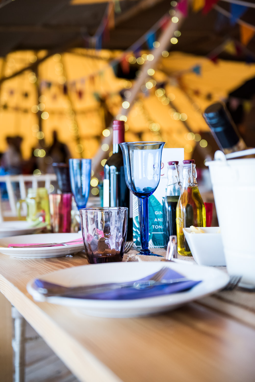 Colourful Multicoloured Glasses Tipi Inkersall Grange Farm Wedding Jessica Grace Photography