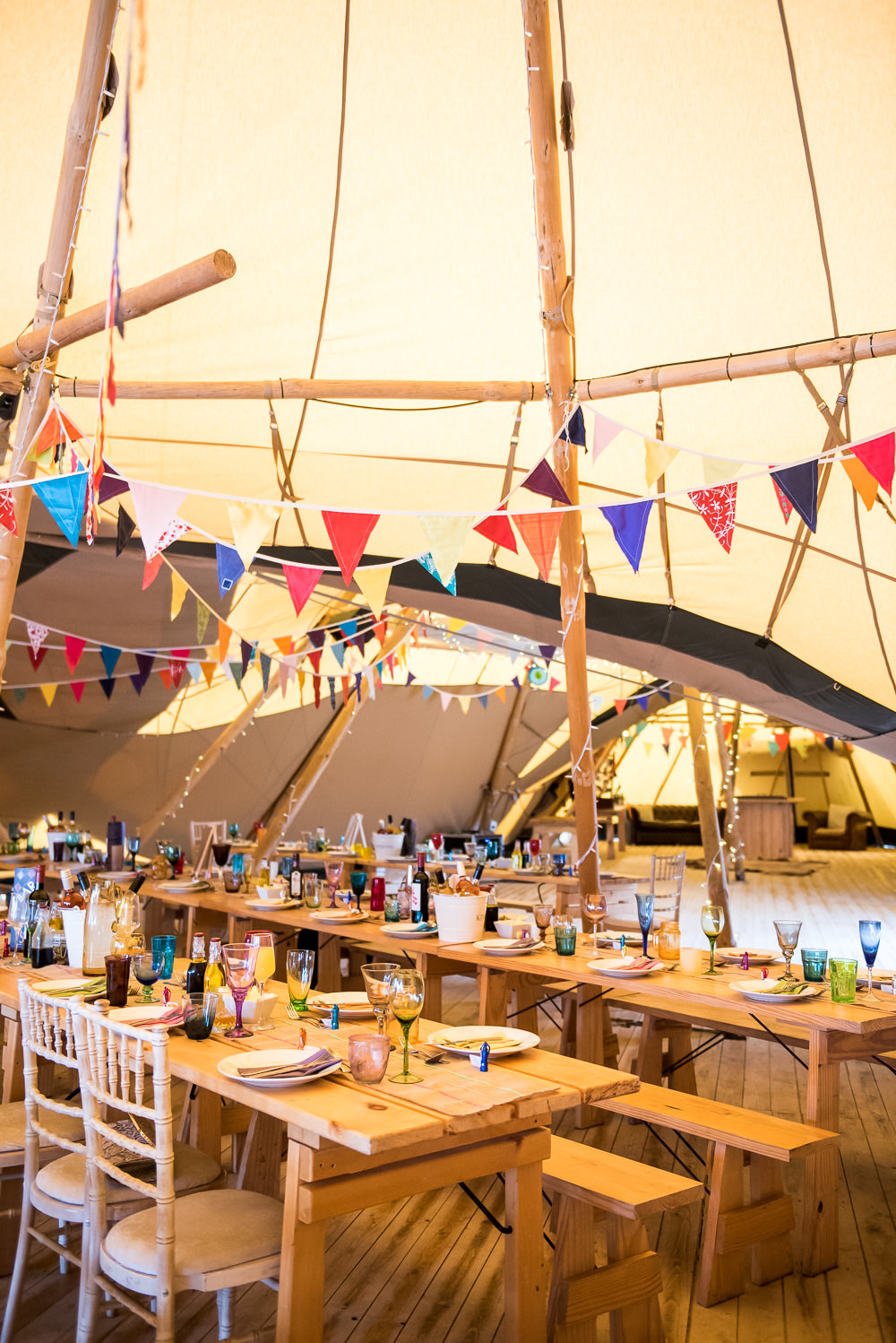 Table Setting Colourful Multicolour Bunting Glasses Tipi Inkersall Grange Farm Wedding Jessica Grace Photography