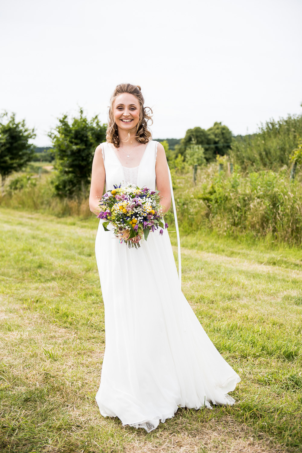 Bride Bridal Lace Dress Lace Sleeveless Gypsophila Crown Wildflower Bouquet Inkersall Grange Farm Wedding Jessica Grace Photography