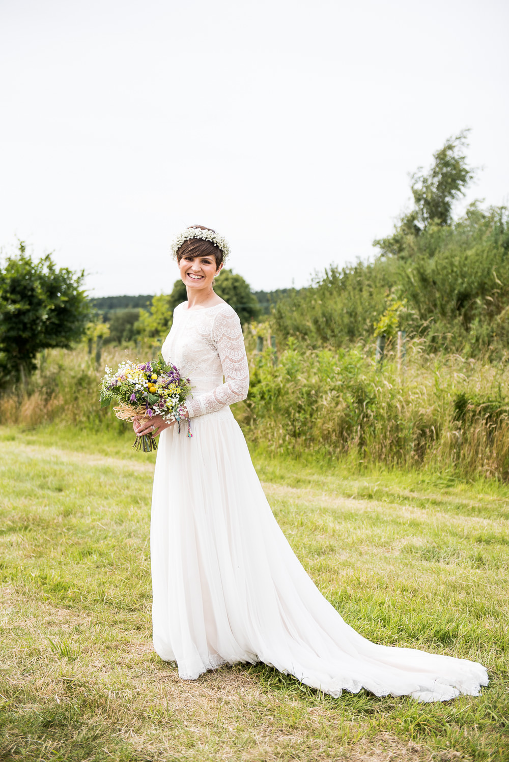Bride Bridal Long Sleeve Lace Dress Lace Gypsophila Crown Wildflower Bouquet Inkersall Grange Farm Wedding Jessica Grace Photography