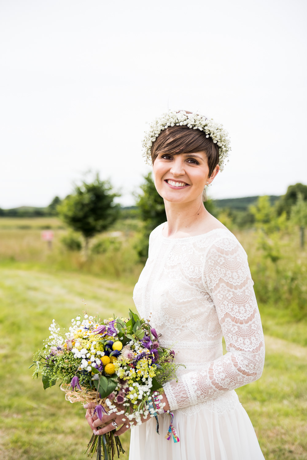 Bride Bridal Long Sleeve Lace Dress Lace Gypsophila Crown Wildflower Bouquet Inkersall Grange Farm Wedding Jessica Grace Photography