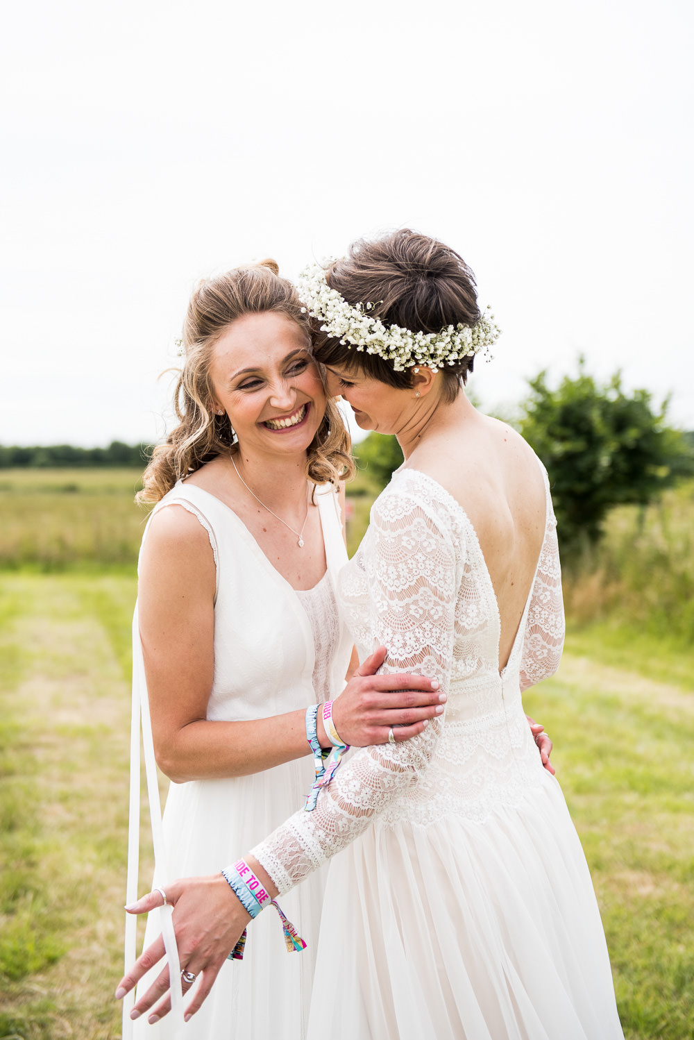 Bride Bridal Long Sleeve Lace Dress Lace Sleeveless Gypsophila Crown Inkersall Grange Farm Wedding Jessica Grace Photography