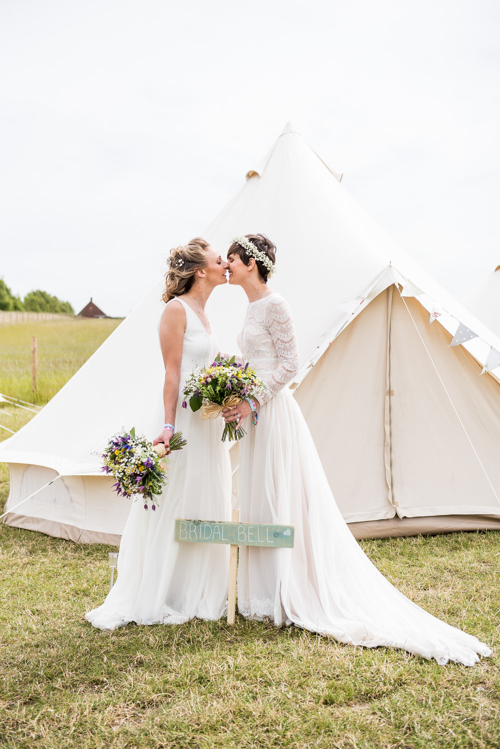 Bride Bridal Long Sleeve Lace Dress Lace Sleeveless Gypsophila Crown Wildflower Bouquet Bell Tent Inkersall Grange Farm Wedding Jessica Grace Photography