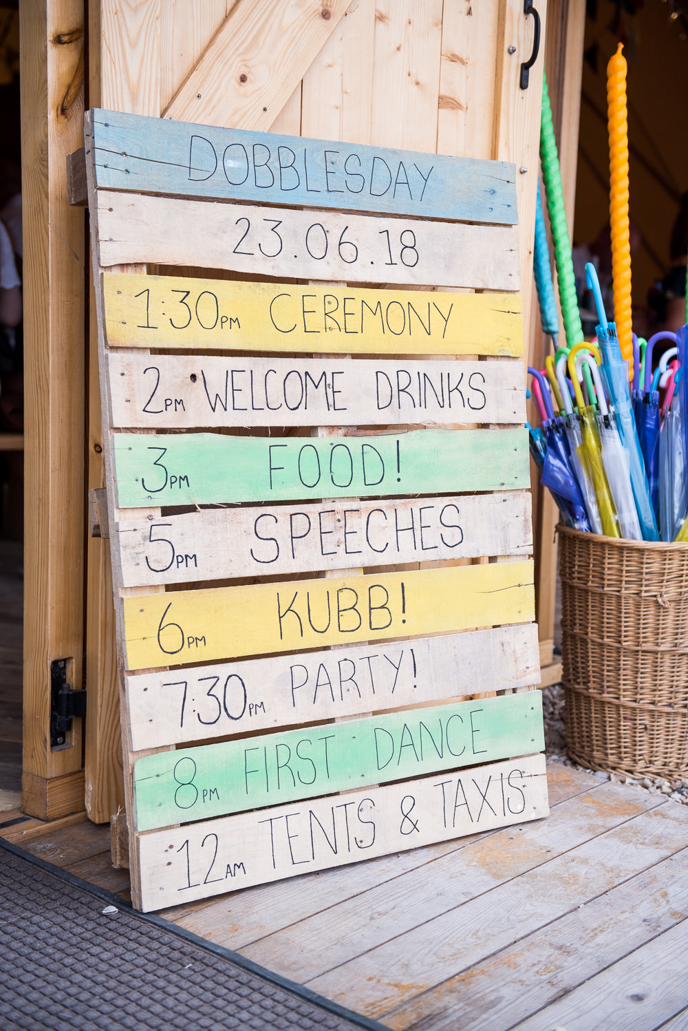 Pallet Sign Order Of Day Running Umbrellas Inkersall Grange Farm Wedding Jessica Grace Photography