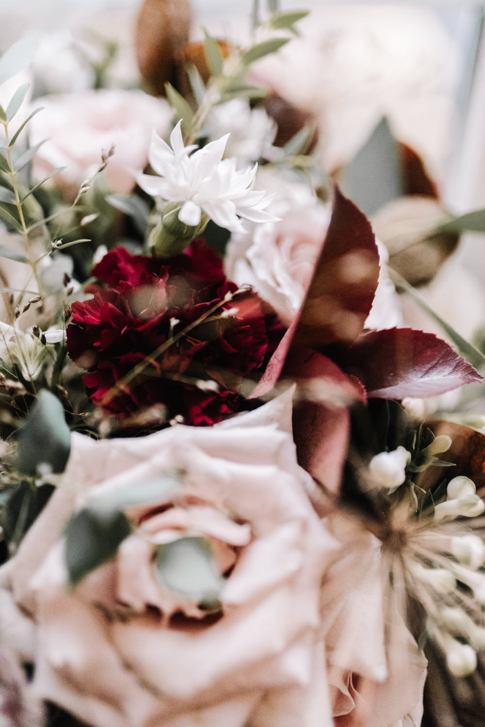 Bouquet Flowers Red Pink Burgundy Bride Bridal Rose Kingscote Barn Wedding Oobaloos Photography