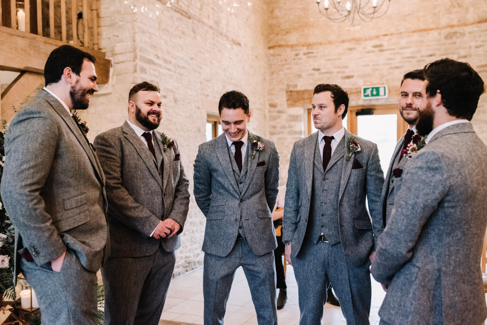 Groom Suit Groomsmen Grey Burgundy Red Ties Tweed Kingscote Barn Wedding Oobaloos Photography