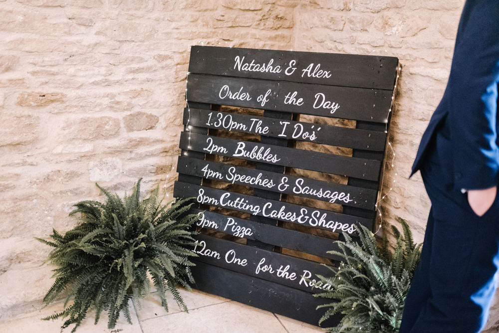 Black Chalk Board Wooden Pallet Sign Signage Timings Kingscote Barn Wedding Oobaloos Photography