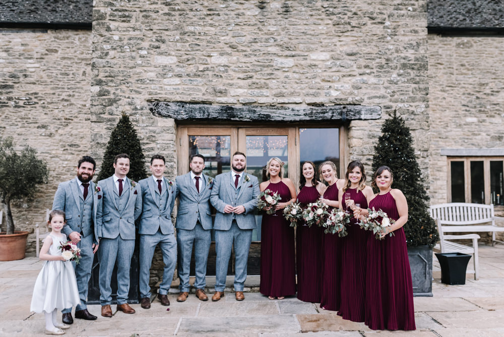 Groom Suit Groomsmen Grey Burgundy Red Ties Tweed Bridesmaids Dresses Kingscote Barn Wedding Oobaloos Photography