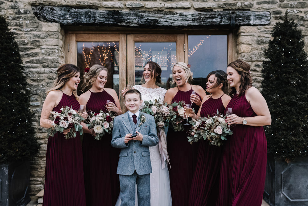 Halterneck Bridesmaids Dress Dresses Red Burgundy Long Maxi Page Boy Kingscote Barn Wedding Oobaloos Photography