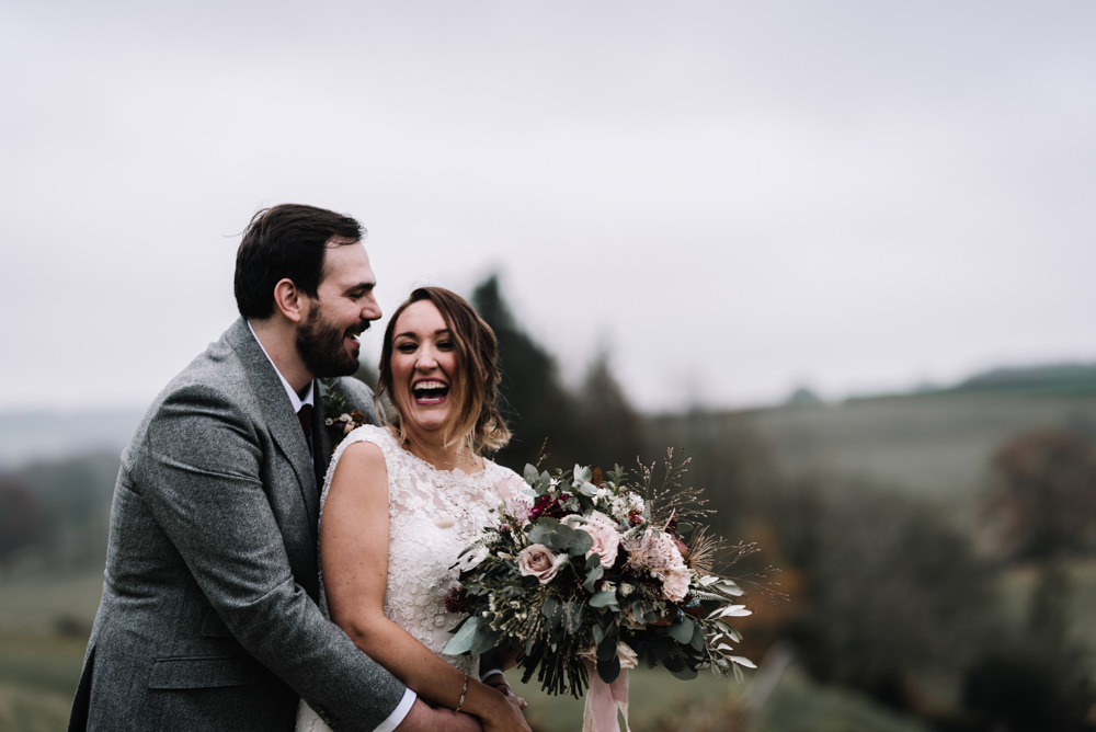 Bouquet Flowers Red Pink Burgundy Bride Bridal Rose Greenery Foliage Ribbons Dahlia Eucalyptus Kingscote Barn Wedding Oobaloos Photography