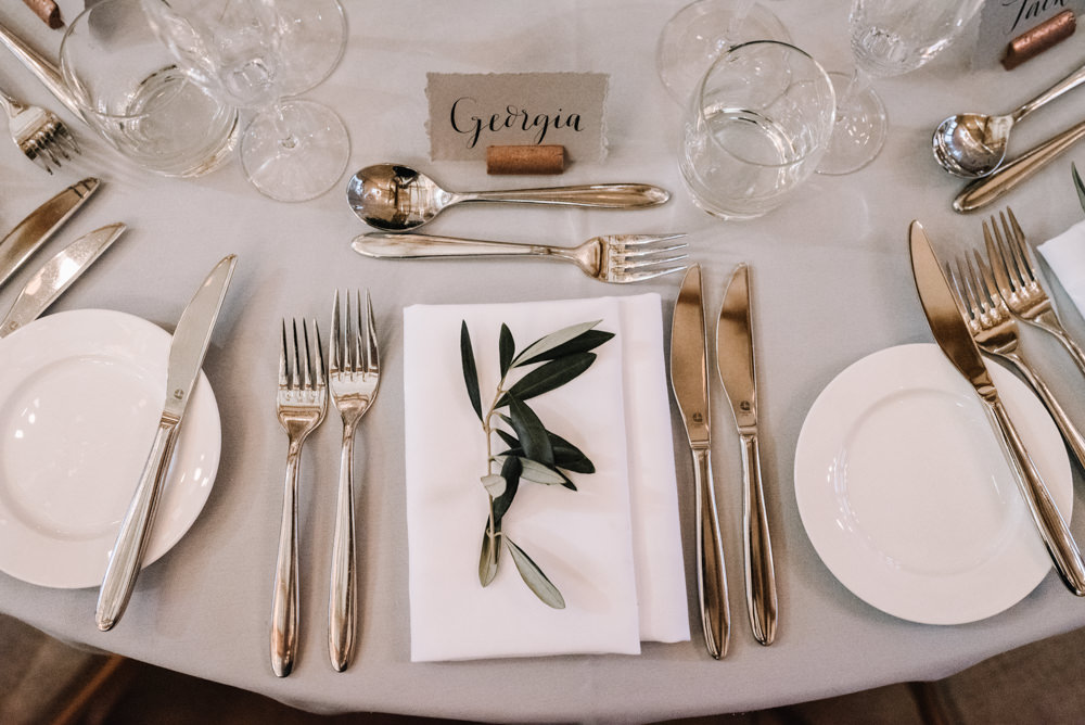 Mulberry Grey Copper Foliage Calligraphy Name CardPlace Setting Table Decor Kingscote Barn Wedding Oobaloos Photography