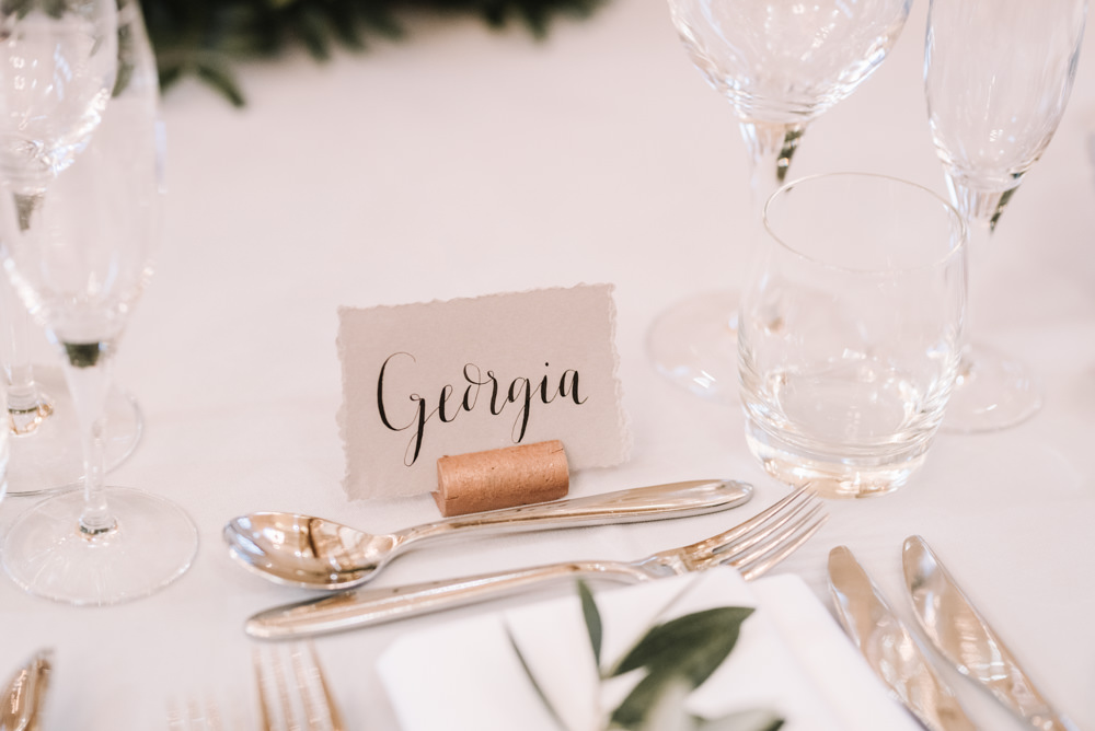 Mulberry Grey Copper Foliage Calligraphy Name CardPlace Setting Table Decor Kingscote Barn Wedding Oobaloos Photography