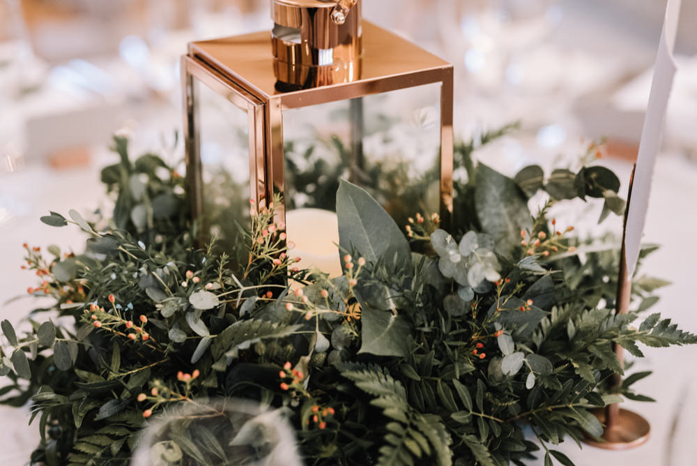Table Decor Centrepiece Lantern Candle Greenery Foliage Kingscote Barn Wedding Oobaloos Photography