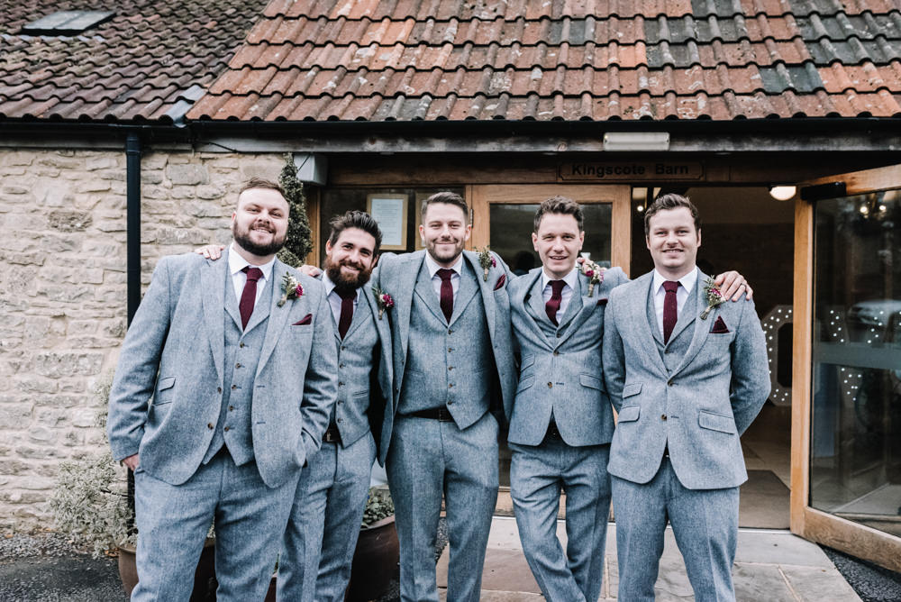 Groom Suit Groomsmen Grey Burgundy Red Ties Tweed Kingscote Barn Wedding Oobaloos Photography