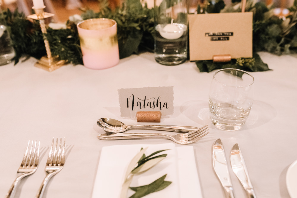 Mulberry Grey Copper Foliage Calligraphy Name CardPlace Setting Table Decor Kingscote Barn Wedding Oobaloos Photography