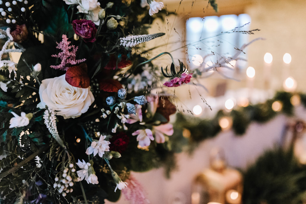Flowers Red Pink Burgundy Rose Greenery Foliage Dahlia Eucalyptus Kingscote Barn Wedding Oobaloos Photography