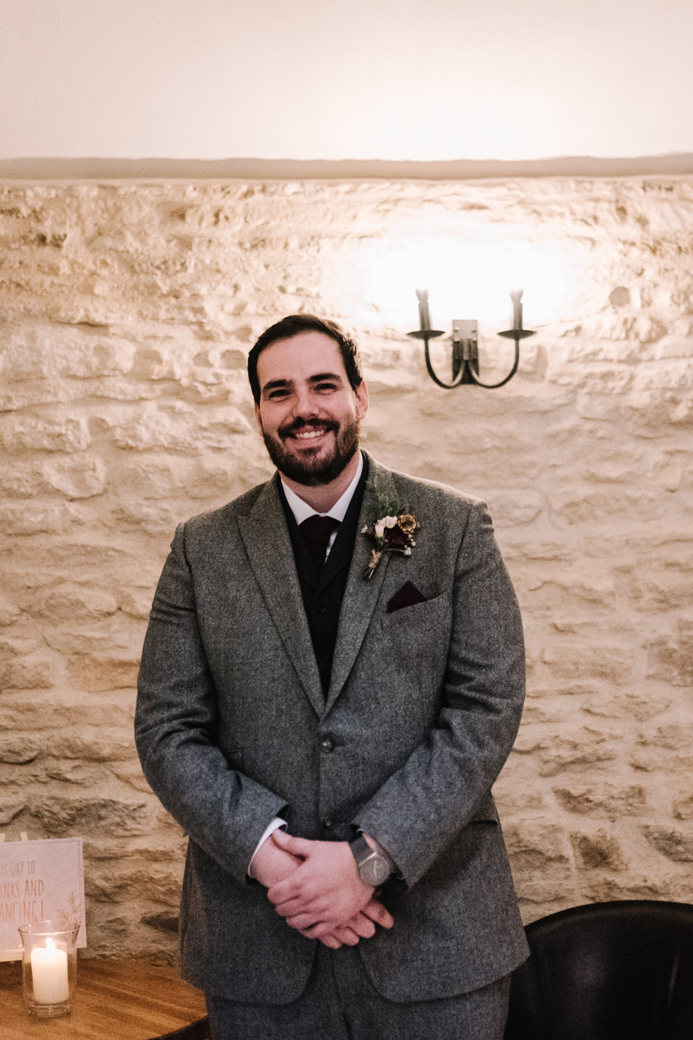 Groom Suit Groomsmen Grey Burgundy Red Ties Tweed Kingscote Barn Wedding Oobaloos Photography