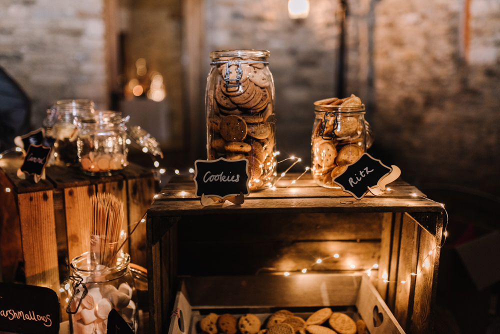 Smores Marshmallow Toasting Bar Station Table Kingscote Barn Wedding Oobaloos Photography
