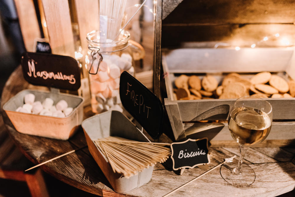 Smores Marshmallow Toasting Bar Station Table Kingscote Barn Wedding Oobaloos Photography