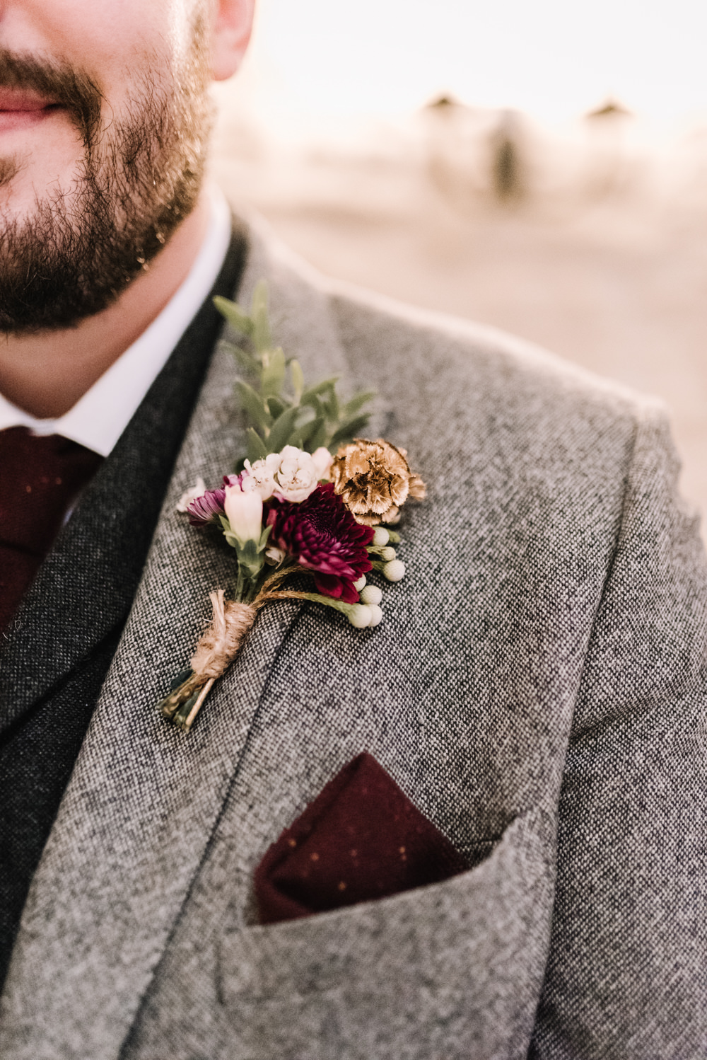 Groom Suit Groomsmen Grey Burgundy Red Ties Tweed Buttonhole Flowers Kingscote Barn Wedding Oobaloos Photography