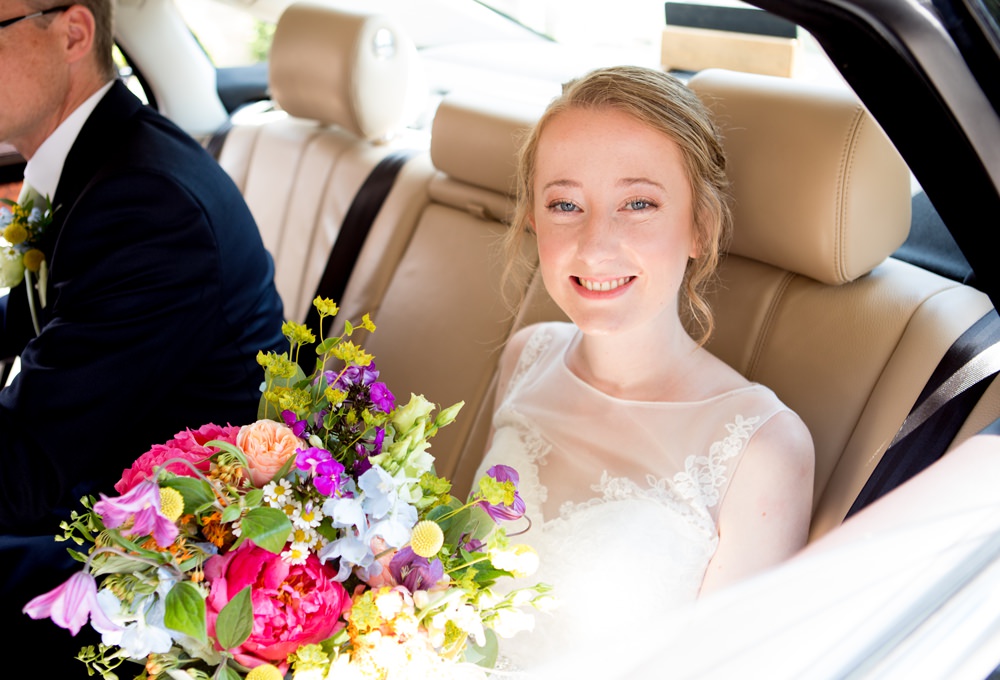 Bride Bridal Sweetheart Neckline Dress Gown Overlay Sleeveless Multicoloured Bouquet Meadow Blousy Meon Bye Farm Wedding Jessica Hayman Photography