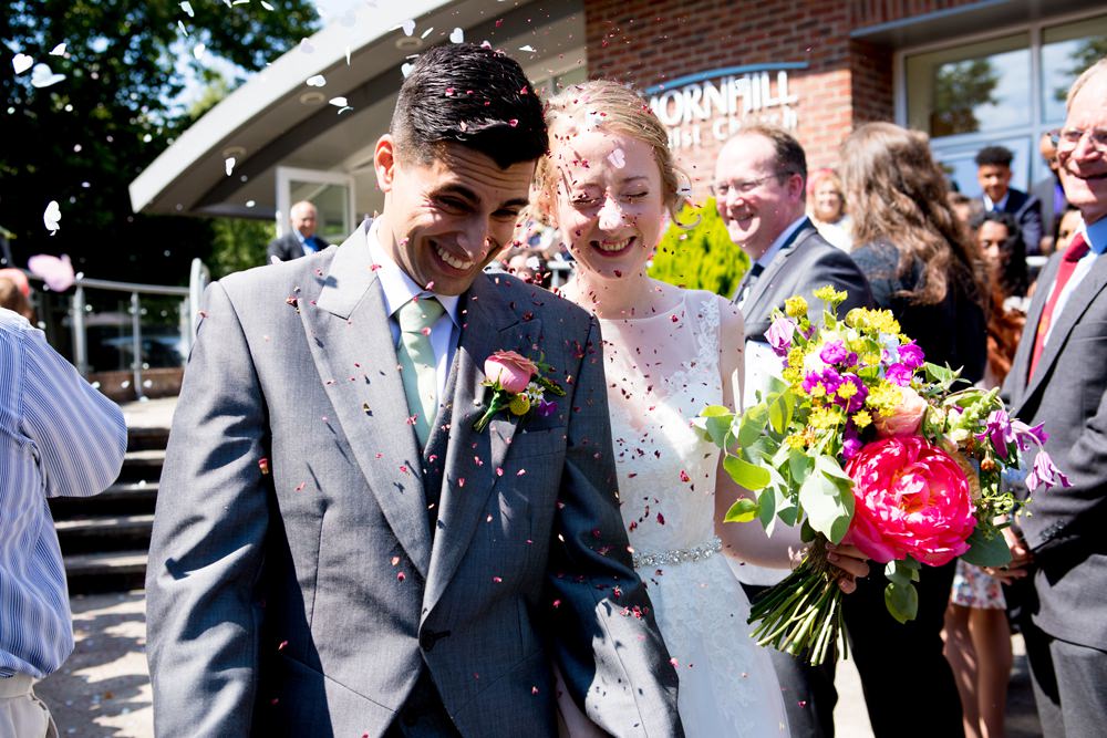 Bride Bridal Sweetheart Neckline Dress Gown Overlay Sleeveless Grey Tails Groom Mint Tie Multicoloured Bouquet Meadow Blousy Confetti Meon Bye Farm Wedding Jessica Hayman Photography