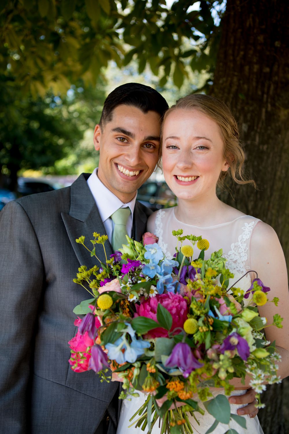 Bride Bridal Sweetheart Neckline Dress Gown Overlay Sleeveless Grey Tails Groom Mint Tie Multicoloured Bouquet Meadow Blousy Meon Bye Farm Wedding Jessica Hayman Photography
