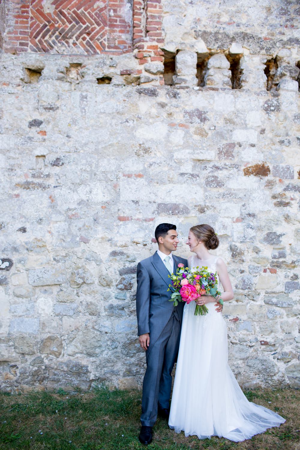 Bride Bridal Sweetheart Neckline Dress Gown Overlay Sleeveless Grey Tails Groom Mint Tie Multicoloured Bouquet Meadow Blousy Meon Bye Farm Wedding Jessica Hayman Photography