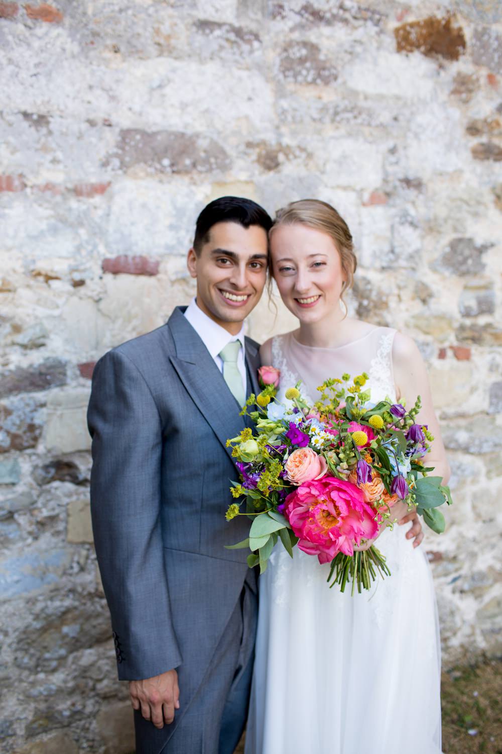 Bride Bridal Sweetheart Neckline Dress Gown Overlay Sleeveless Grey Tails Groom Mint Tie Multicoloured Bouquet Meadow Blousy Meon Bye Farm Wedding Jessica Hayman Photography
