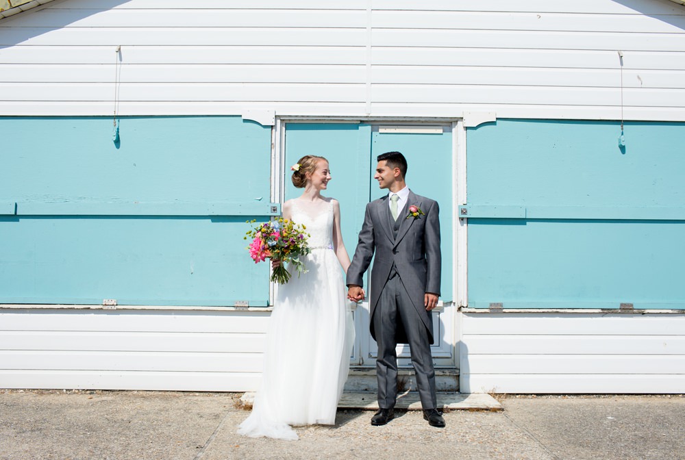 Bride Bridal Sweetheart Neckline Dress Gown Overlay Sleeveless Grey Tails Groom Mint Tie Multicoloured Bouquet Meadow Blousy Meon Bye Farm Wedding Jessica Hayman Photography