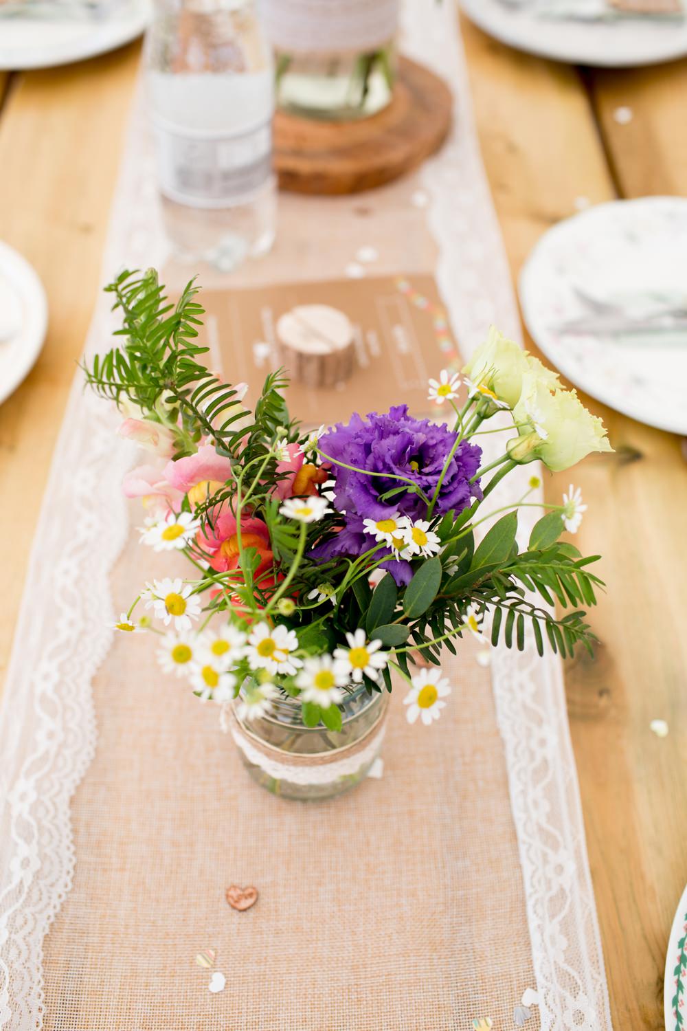 Wildflower Florals Burlap Hessian Lace Runner Jam Jar Table Meon Bye Farm Wedding Jessica Hayman Photography