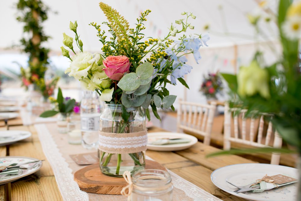 Hessian Burlap Table Runner Lace Jam Jar Flowers Floral Meon Bye Farm Wedding Jessica Hayman Photography