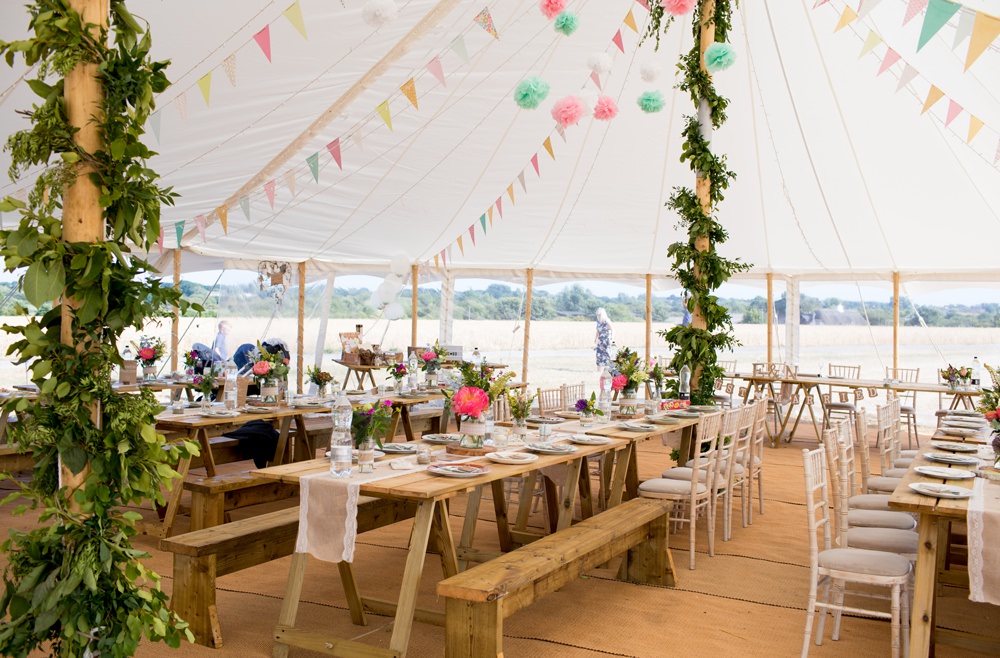 Marquee Bunting Tissue Pom Poms Greenery Foliage Meon Bye Farm Wedding Jessica Hayman Photography