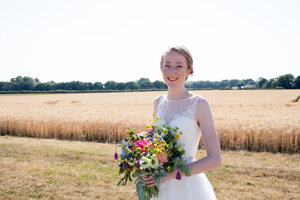 Bride Bridal Sweetheart Neckline Dress Gown Overlay Sleeveless Multicoloured Bouquet Meadow Blousy Meon Bye Farm Wedding Jessica Hayman Photography