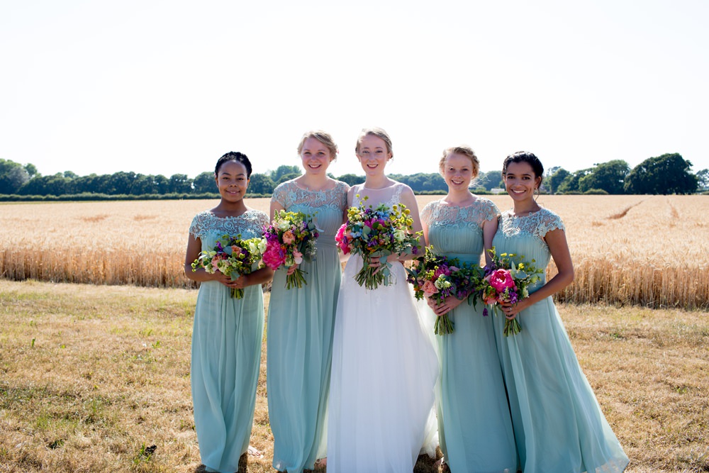 Bride Bridal Sweetheart Neckline Dress Gown Overlay Sleeveless Mint Green Bridesmaids Maxi Full Length Multicoloured Bouquet Meadow Blousy Meon Bye Farm Wedding Jessica Hayman Photography