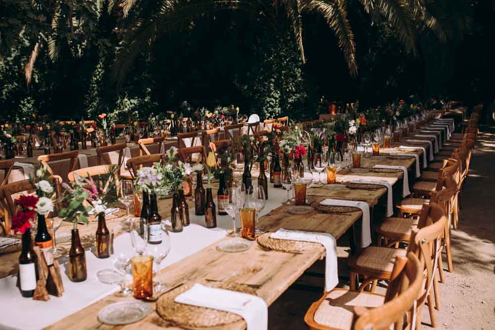 Tablescape Table Decor Long Flowers Beer Bottles Wooden Triangles Mountain Wedding Spain Lorena Erre