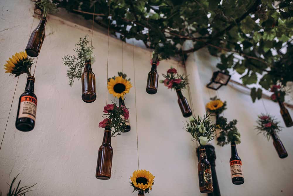 Hanging Decor Flowers Beer Bottles Mountain Wedding Spain Lorena Erre