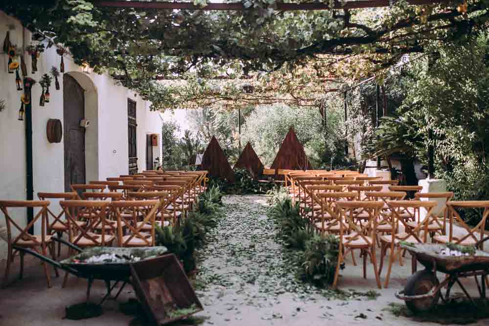 Ceremony Aisle Backdrop Decor Greenery Foliage Ferns Triangle Wooden Outdoor Garden Mountain Wedding Spain Lorena Erre