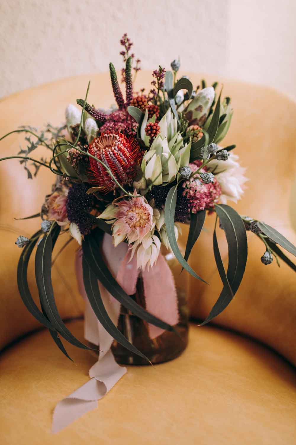 Bouquet Flowers Bride Bridal Foliage Greenery Protea Ribbons Mountain Wedding Spain Lorena Erre