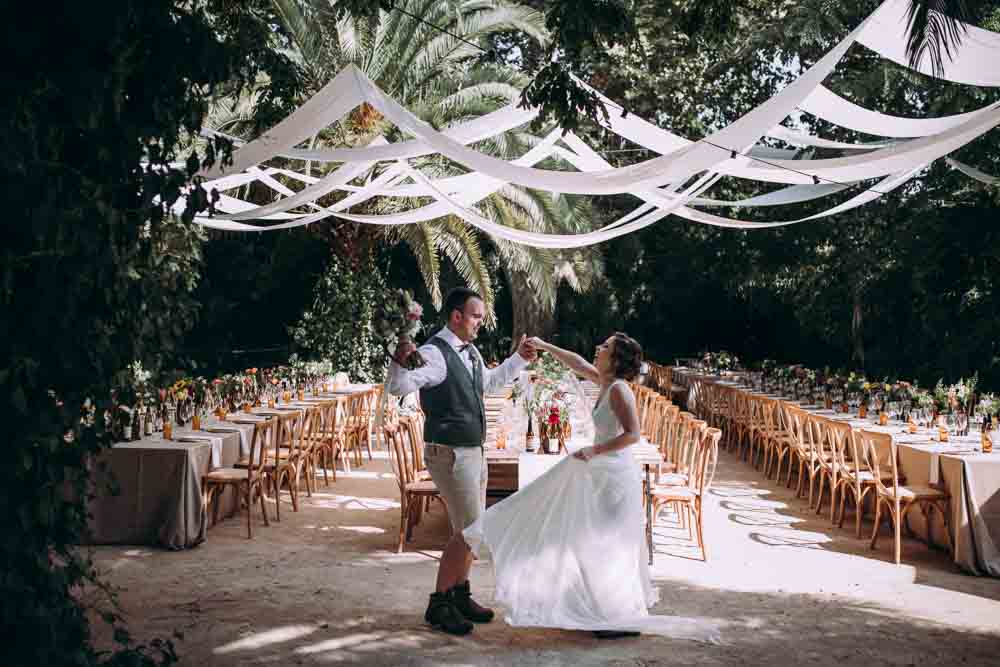 Reception Decor Long Wooden Tables Fabric Drapes Ceiling Botanical Gardens Outdoor Mountain Wedding Spain Lorena Erre