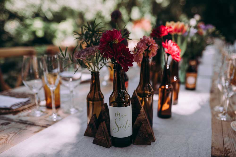 Tablescape Table Decor Long Flowers Beer Bottles Wooden Triangles Mountain Wedding Spain Lorena Erre