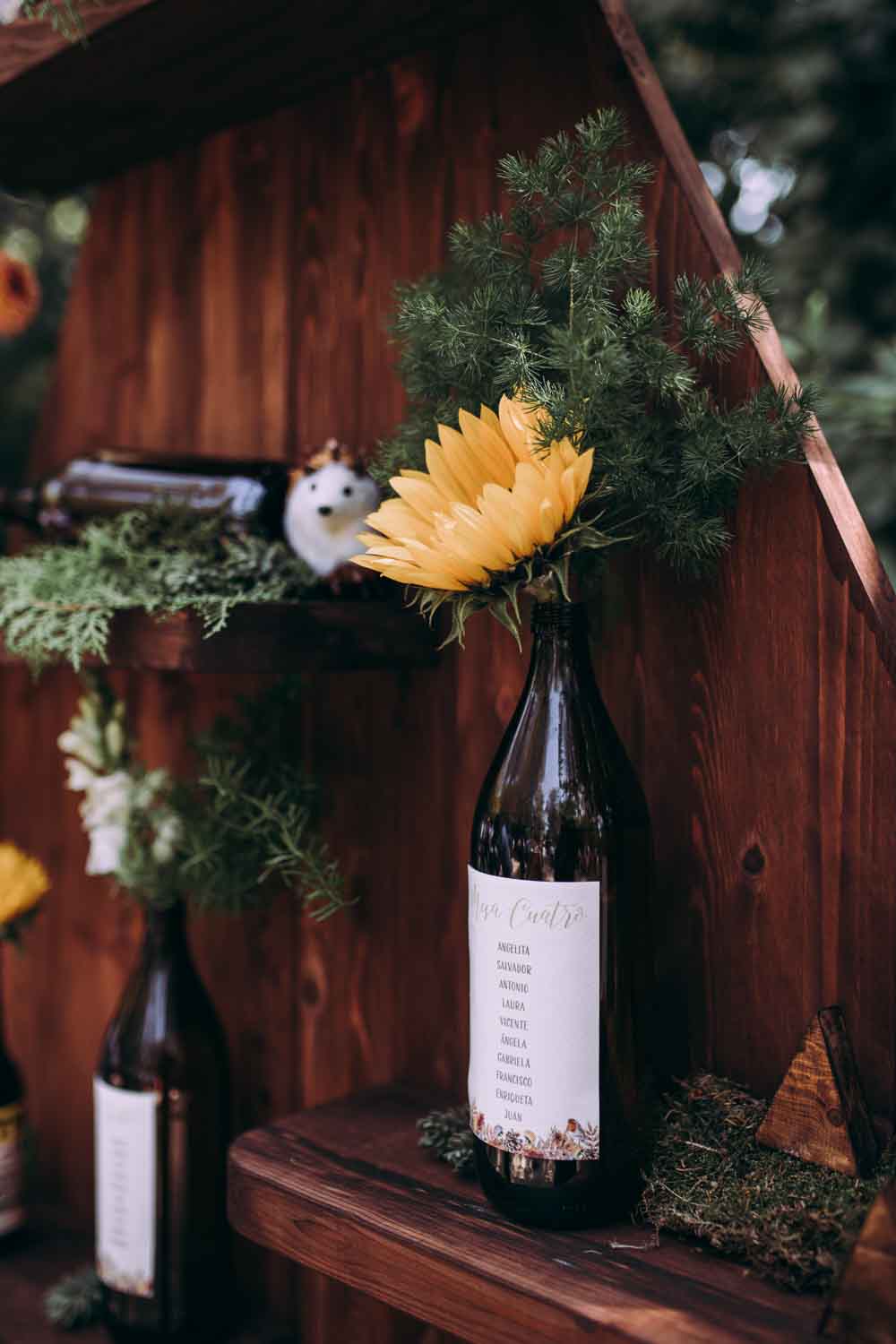 Table Chart Seating Plan Decor Long Flowers Beer Bottles Wooden Triangles Mountain Wedding Spain Lorena Erre