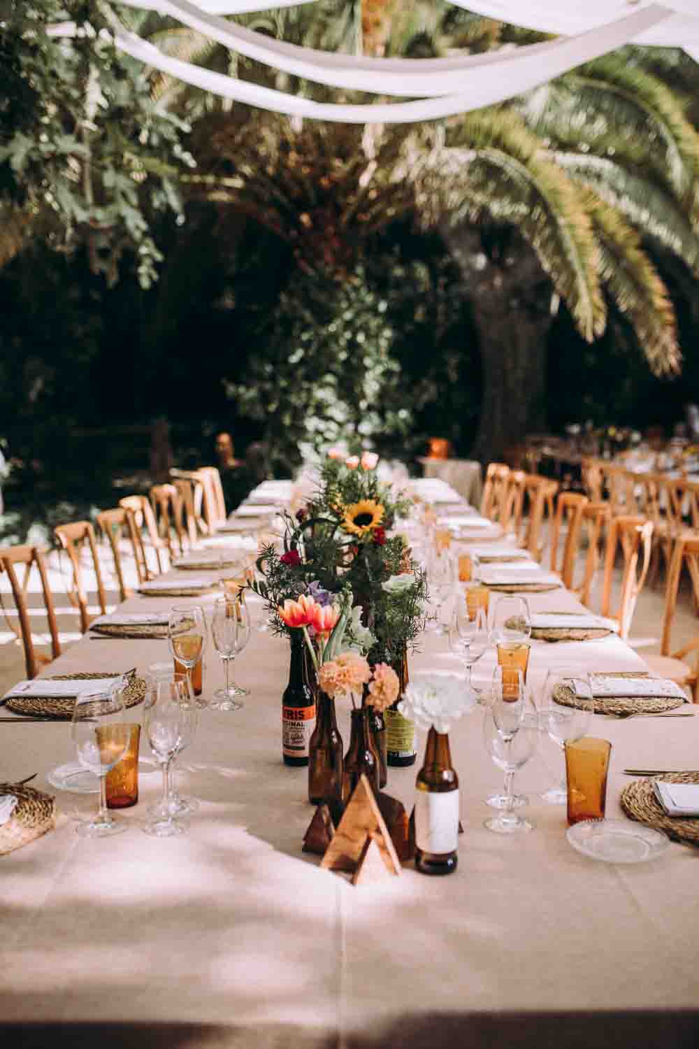 Tablescape Table Decor Long Flowers Beer Bottles Wooden Triangles Mountain Wedding Spain Lorena Erre