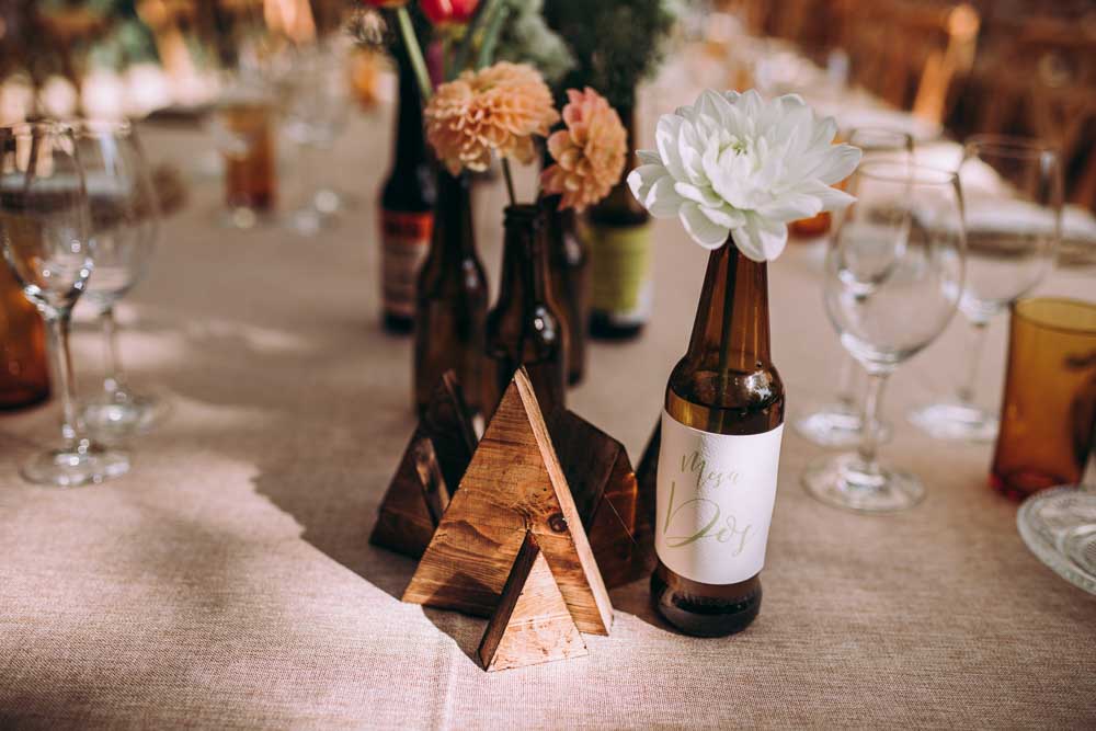 Tablescape Table Decor Long Flowers Beer Bottles Wooden Triangles Mountain Wedding Spain Lorena Erre