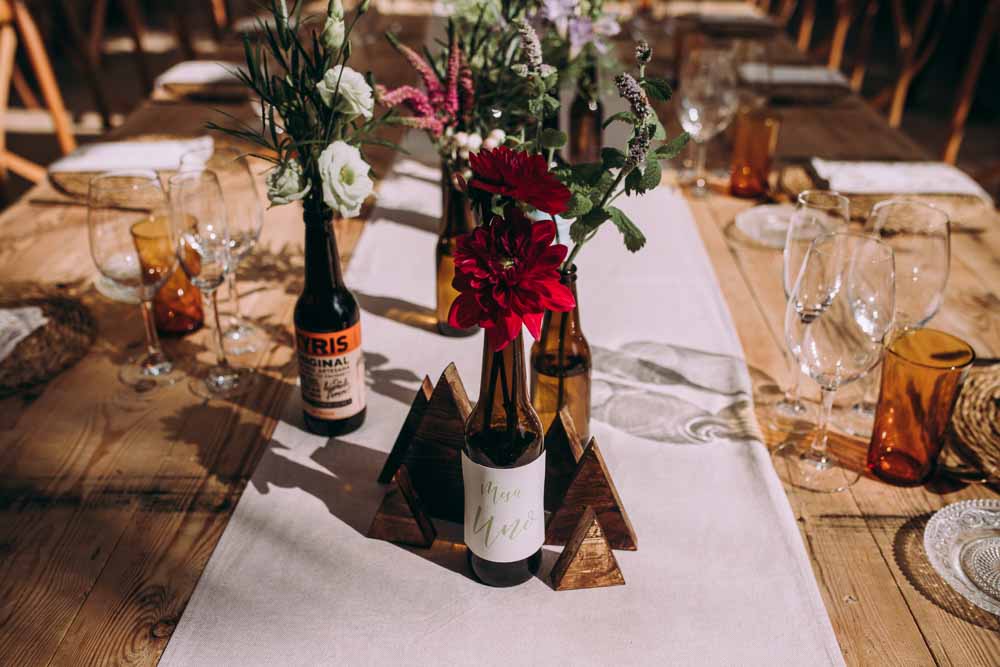Tablescape Table Decor Long Flowers Beer Bottles Wooden Triangles Mountain Wedding Spain Lorena Erre