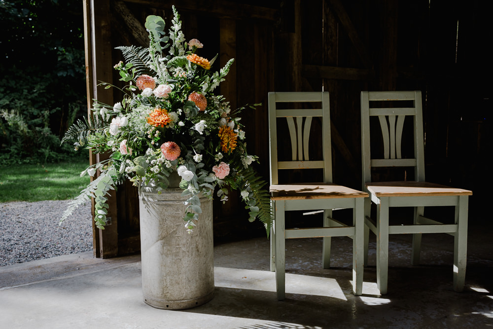 Milk Churn Floral Arrangement Flowers Greenery Nancarrow Farm Wedding Alexa Poppe Wedding Photography