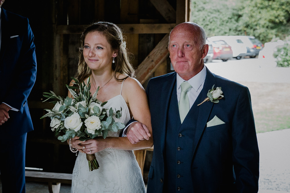 Bride Bridal Sleeveless Strappy Dress Gown Blue Tweed Wool Three Piece Suit Eucalyptus Greenery Bouquet Nancarrow Farm Wedding Alexa Poppe Wedding Photography