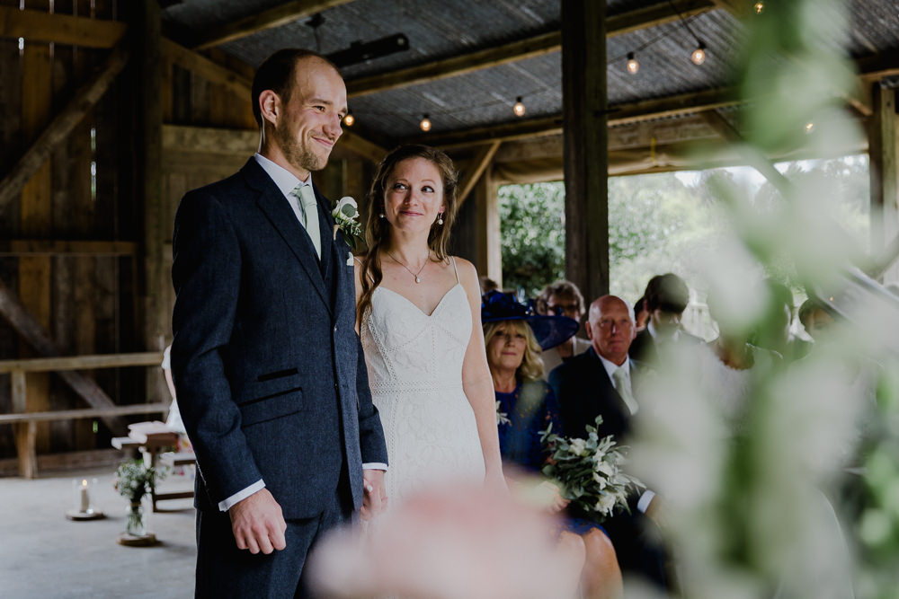 Bride Bridal Sleeveless Strappy Dress Gown Blue Tweed Wool Three Piece Suit Groom Nancarrow Farm Wedding Alexa Poppe Wedding Photography